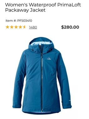 L. L. BEAN Women’s Waterproof PrimaLoft Packaway Jacket Blue Size extra small